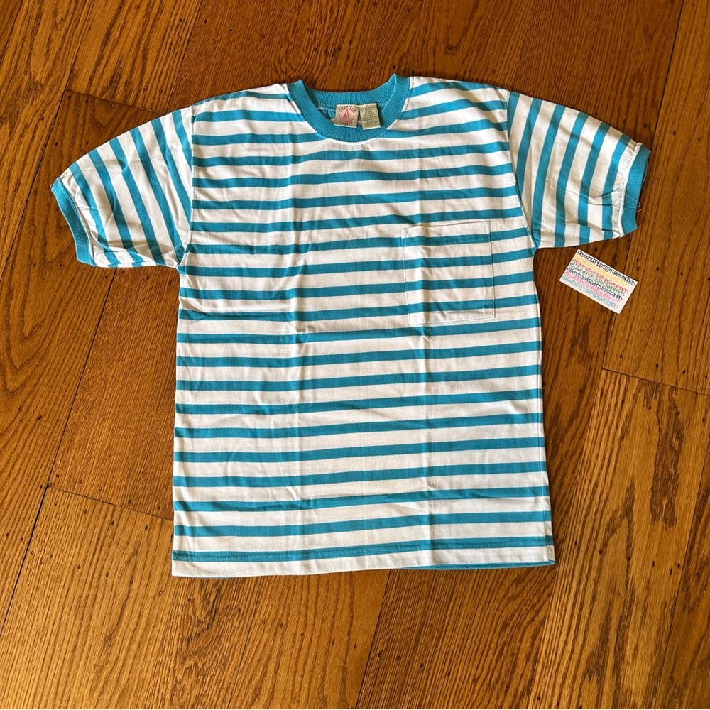 VINTAGE STRIPED TURQUOISE/WHITE SHORT SLEEVE MENS SMALL/MED FLAWLESS